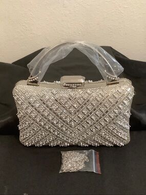 Crystal-Embellished Silver Evening Clutch Handbag